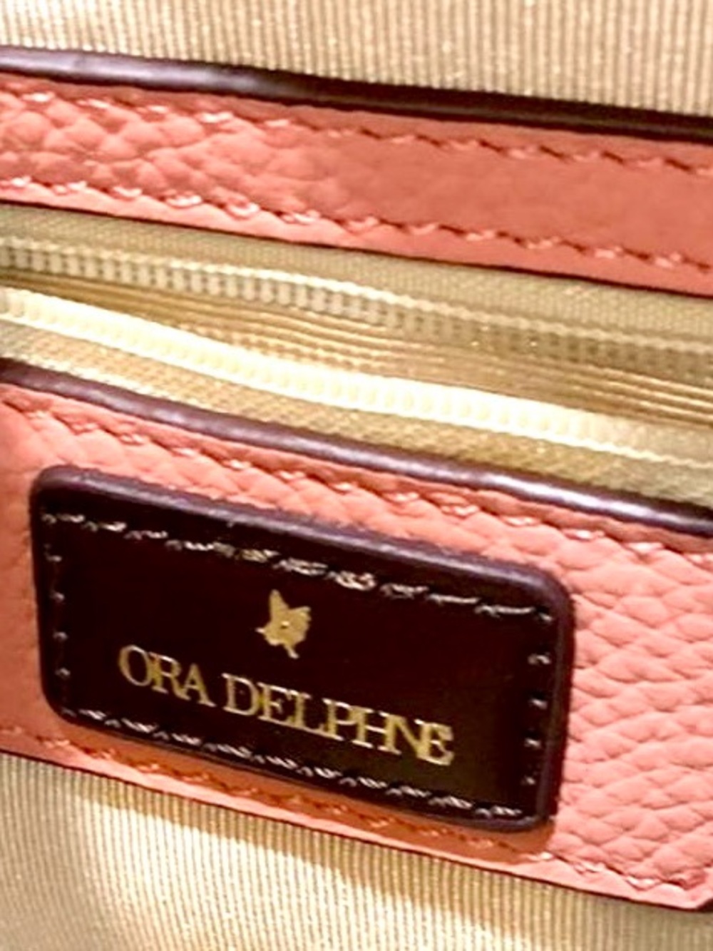 Ora Delphine Salmon Pink Pebble Leather Satchel Handbag with Gold Accents - Picture 7 of 9